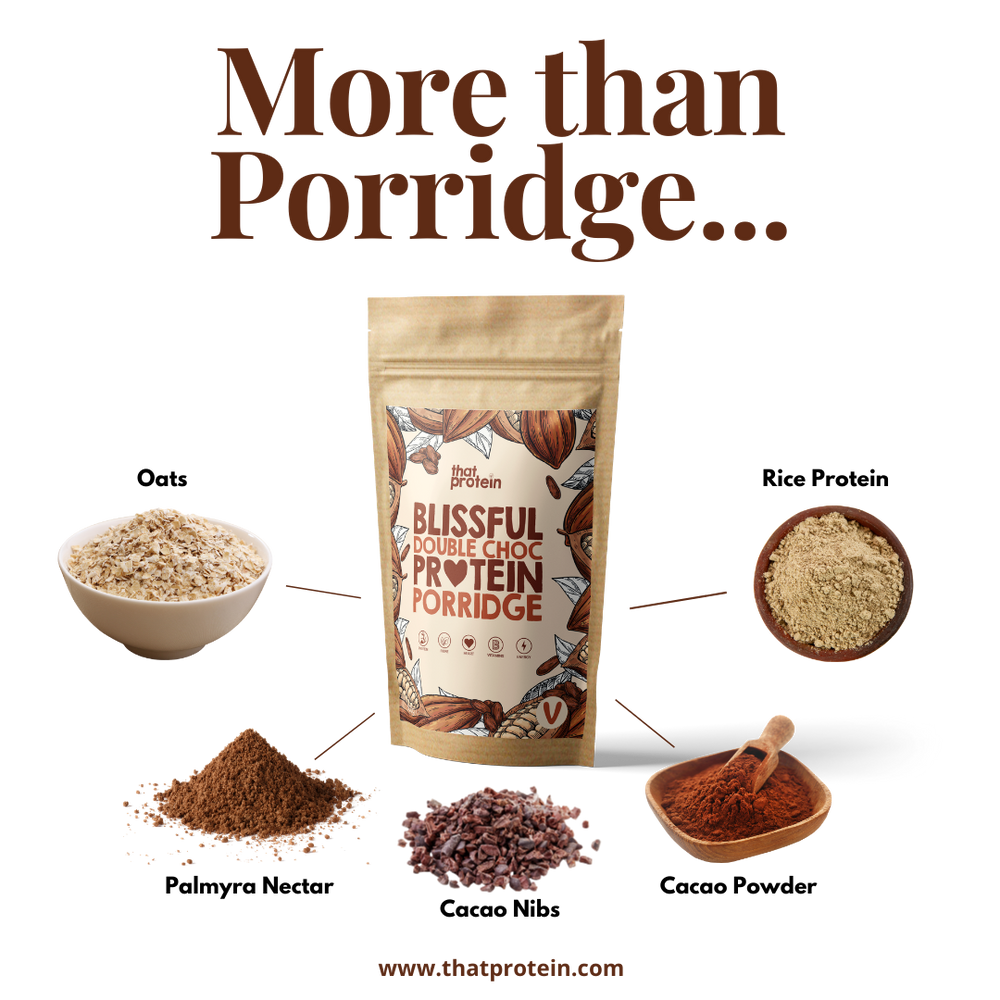 
                  
                    Load image into Gallery viewer, that protein high protein porridge oats showing high quality organic ingredients, including caca, cacao nibs, rice protein, palmyra nectar and organic oats
                  
                