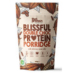 Bowl of Blissful Double Choco Chop Protein Porridge by That Protein – vegan, Low FODMAP, chocolate-flavoured breakfast with oats and plant protein, served in a modern bowl