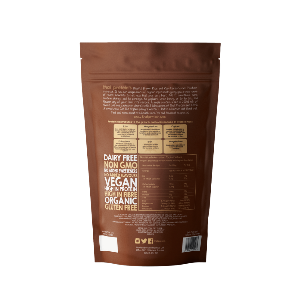 Enjoy the pure taste of Blissful Brown Rice & Raw Cacao Chocolate Protein. Certified Low FODMAP, vegan, and chemical-free—perfect for sensitive tummies and chocolate lovers. Free UK delivery over £40!