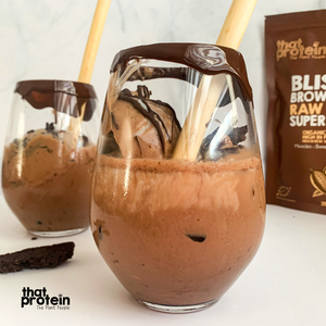 
                  
                    Load image into Gallery viewer, that protein blissful raw cacao high protein nice cream float shake, made with vegan ice cream and vegan chocolate protein powder. Low Fodmap High protein shake.
                  
                